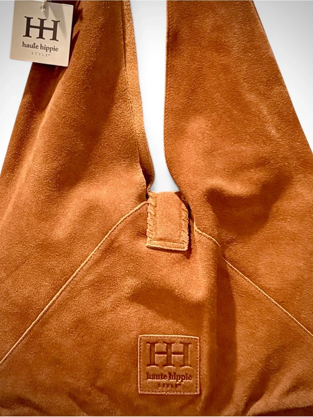 HAUTE HIPPIE STYLE Triangle Hobo Shoulder Bag 100% Genuine Suede Camel NWT Boho - Picture 8 of 16